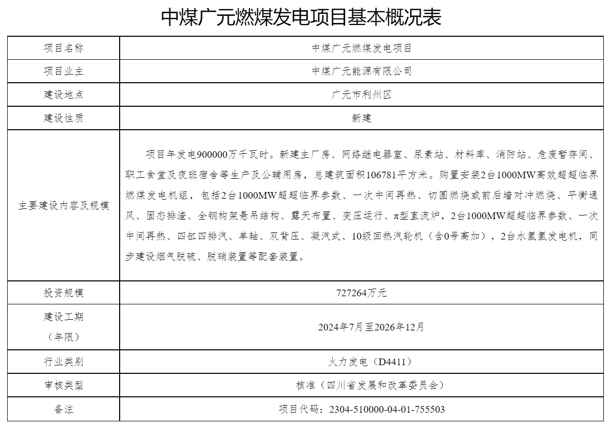 中煤广元燃煤发电项目节能报告的审查意见