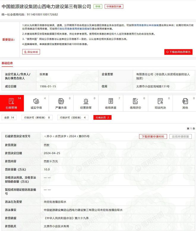 中国能源建设集团山西电力建设第三有限公司被罚款10万元