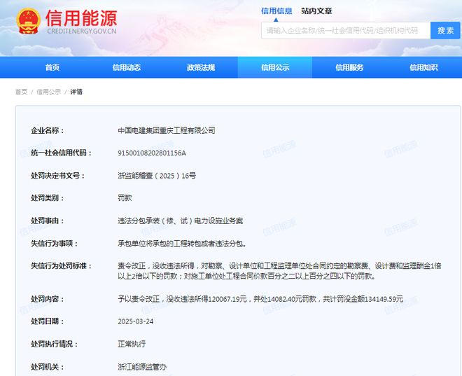 违法分包电力设施业务中国电建集团重庆工程有限公司被罚